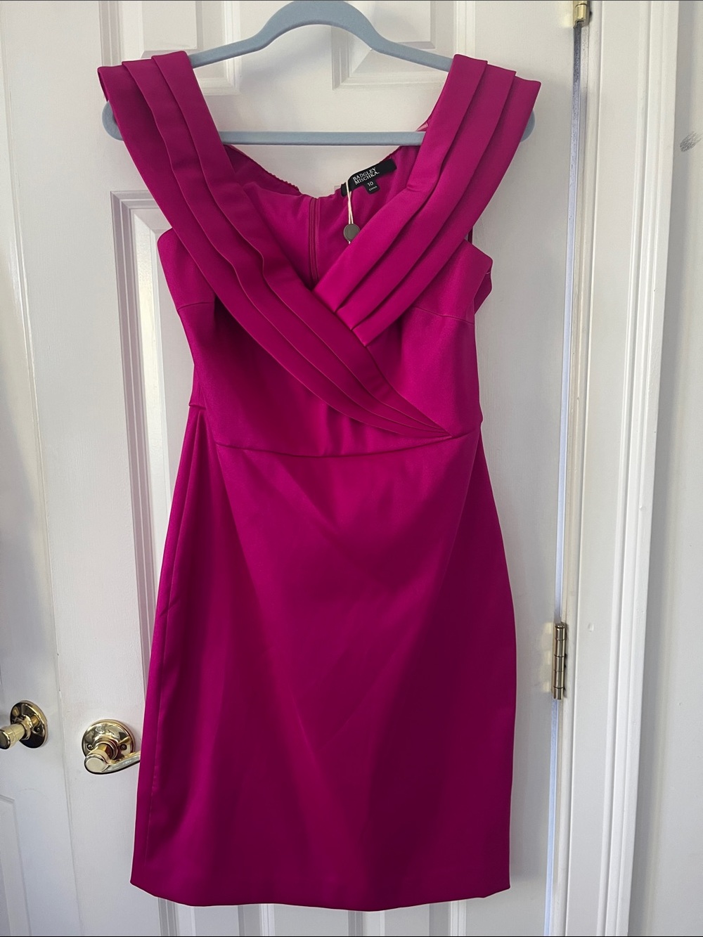 Badgley Mischka Fuchsia Off-the-Shoulder Pleated Sheath Dress